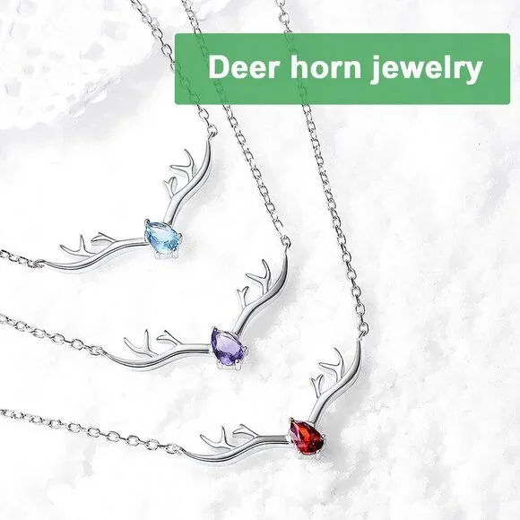 925 Sterling Silver Necklace/Antler Deer Necklace,Adjustable Silver Birthstone N